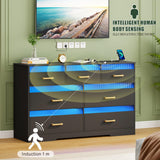 FREDEES 7 Drawers Dresser for Bedroom with LED Light, Large Chest of Drawers, Modern Black Dresser with Charging Station, Wood Bedroom Dressers for Closet/Living Room/Hallway FREDEES