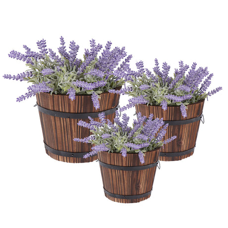 3 Pcs Rustic Wooden Barrels Planters Whiskey Barrels Bucket with Handle Flower Planter Plant Pots Boxes Container Water Wishing Well Pail Garden Backyard Primitive Planter Outdoor Indoor Home Decor WWahuayuan