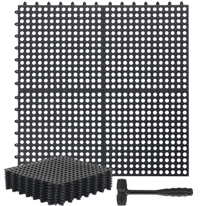 Drydiet 12 Pack Drainage Tiles Modular Interlocking Floor Tiles with 1 Pc Plastic Hammer 12" x 12" Cushion Mat Non Slip Rubber Floor Tiles with Holes for Pool Bathroom Deck Kitchen Patio (Black)