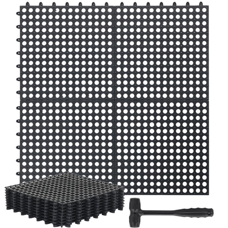 Drydiet 12 Pack Drainage Tiles Modular Interlocking Floor Tiles with 1 Pc Plastic Hammer 12" x 12" Cushion Mat Non Slip Rubber Floor Tiles with Holes for Pool Bathroom Deck Kitchen Patio (Black) Drydiet