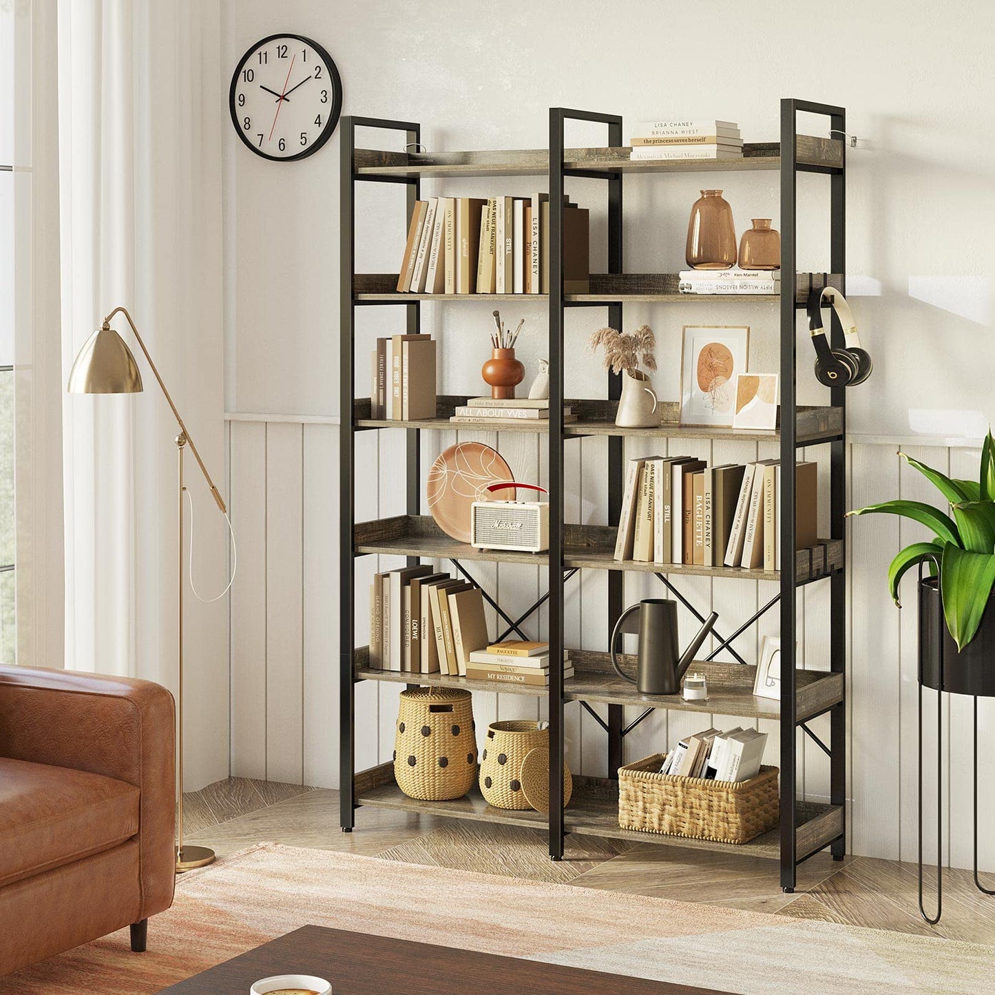 Seventable 6-Tier Industrial Wood and Metal Bookshelf with 4 Hooks – Rustic Grey Display Rack - WoodArtSupply