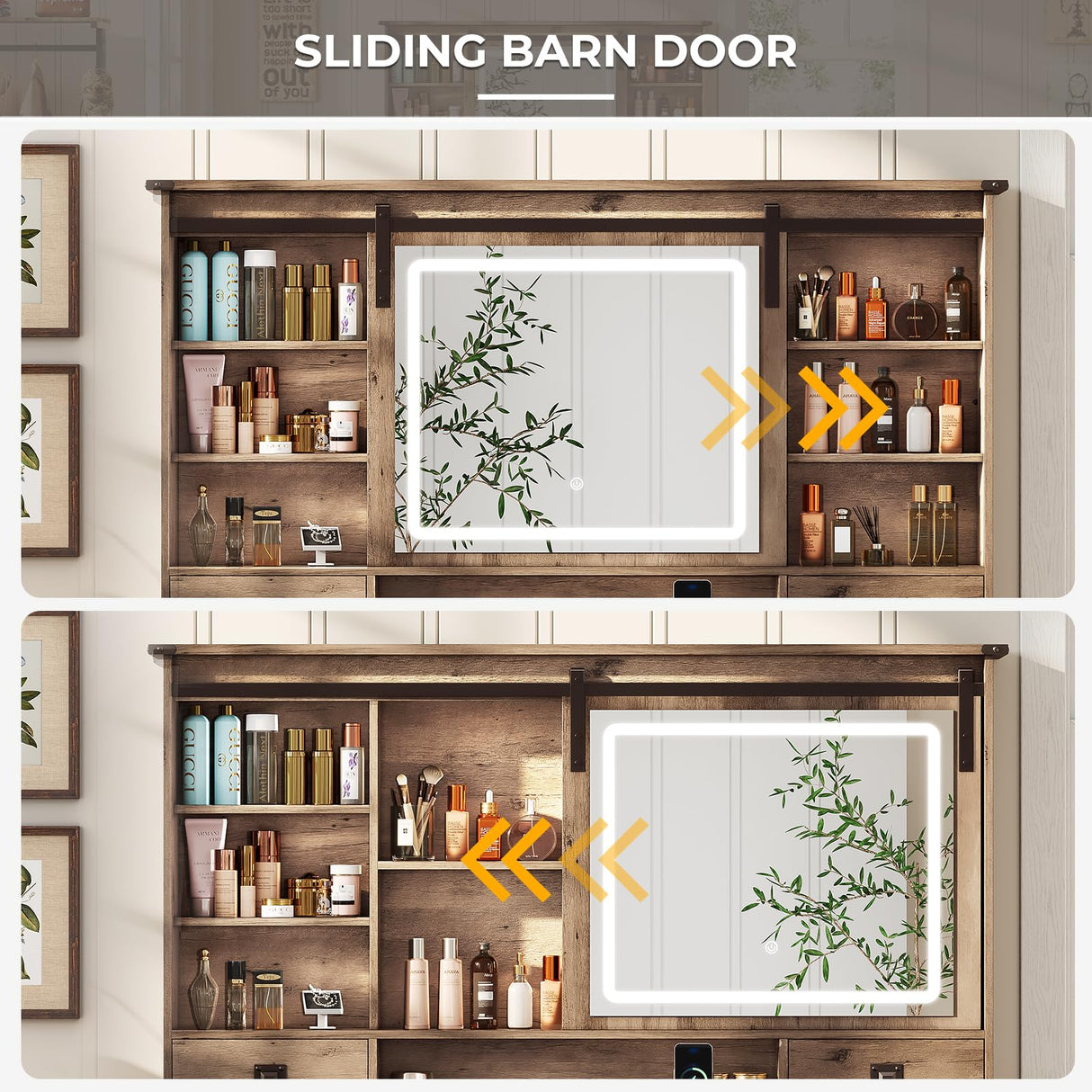 Makeup Vanity Desk with Lights, 47.2" Farmhouse Vanity Table with Sliding Mirror & Charging Station, Large Makeup Desk with 5 Drawers & 2 Cabinets, Rustic Oak MSmask