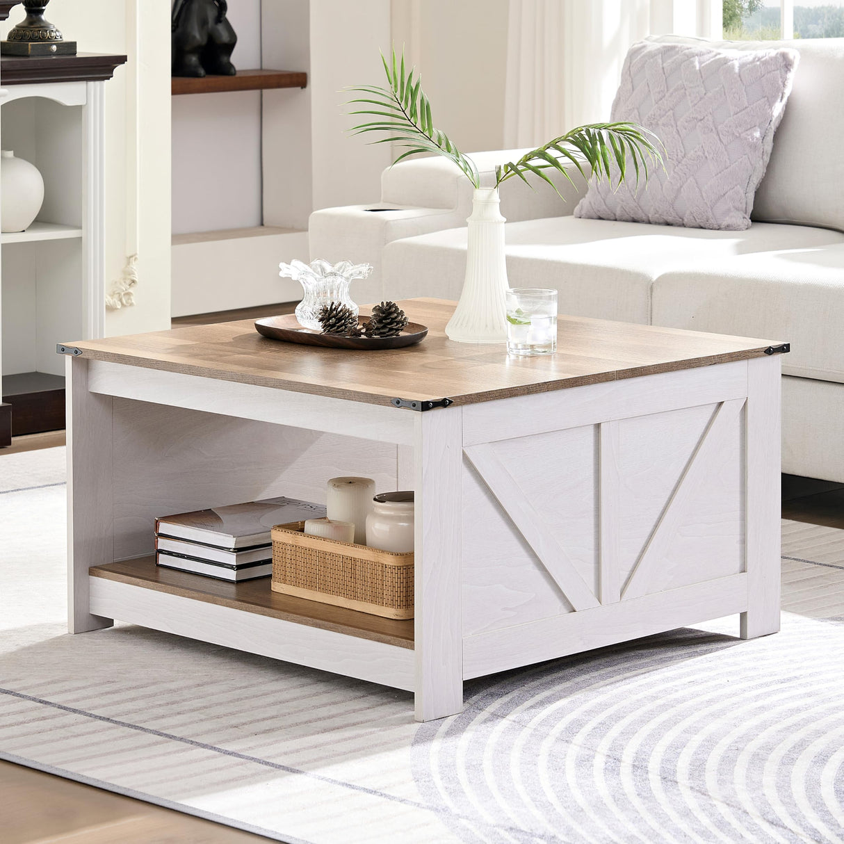 OKYCI Farmhouse Coffee Table for Living Room, Wood Square Coffee Tables, 31.5" D x 31.5" W, Grey Wash OKYCI