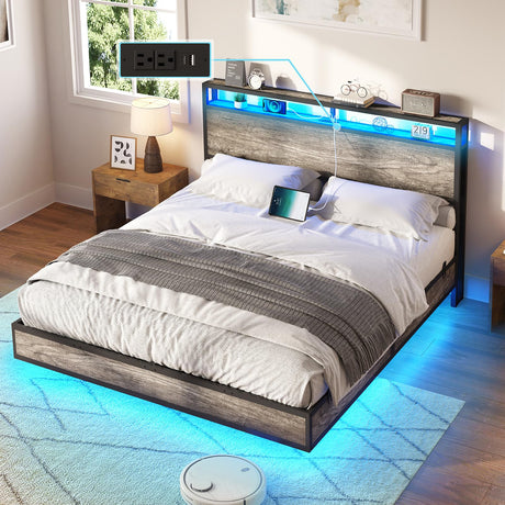 AMERLIFE Queen Size Floating Bed Frame with LED Lights and Storage Headboard in Rustic Grey AMERLIFE