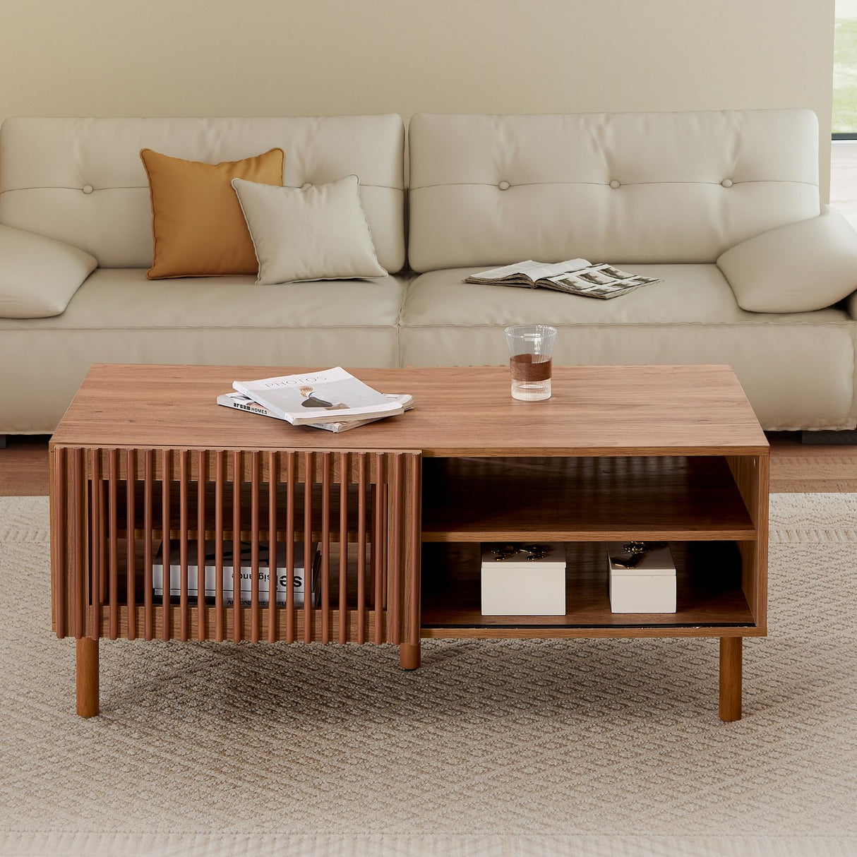 Bonzy Home 44’’ Mid Century Modern Coffee Table with Storage, Wood Center Table with Sliding Door and Open Shelves for Living Room (Walnut) Bonzy Home
