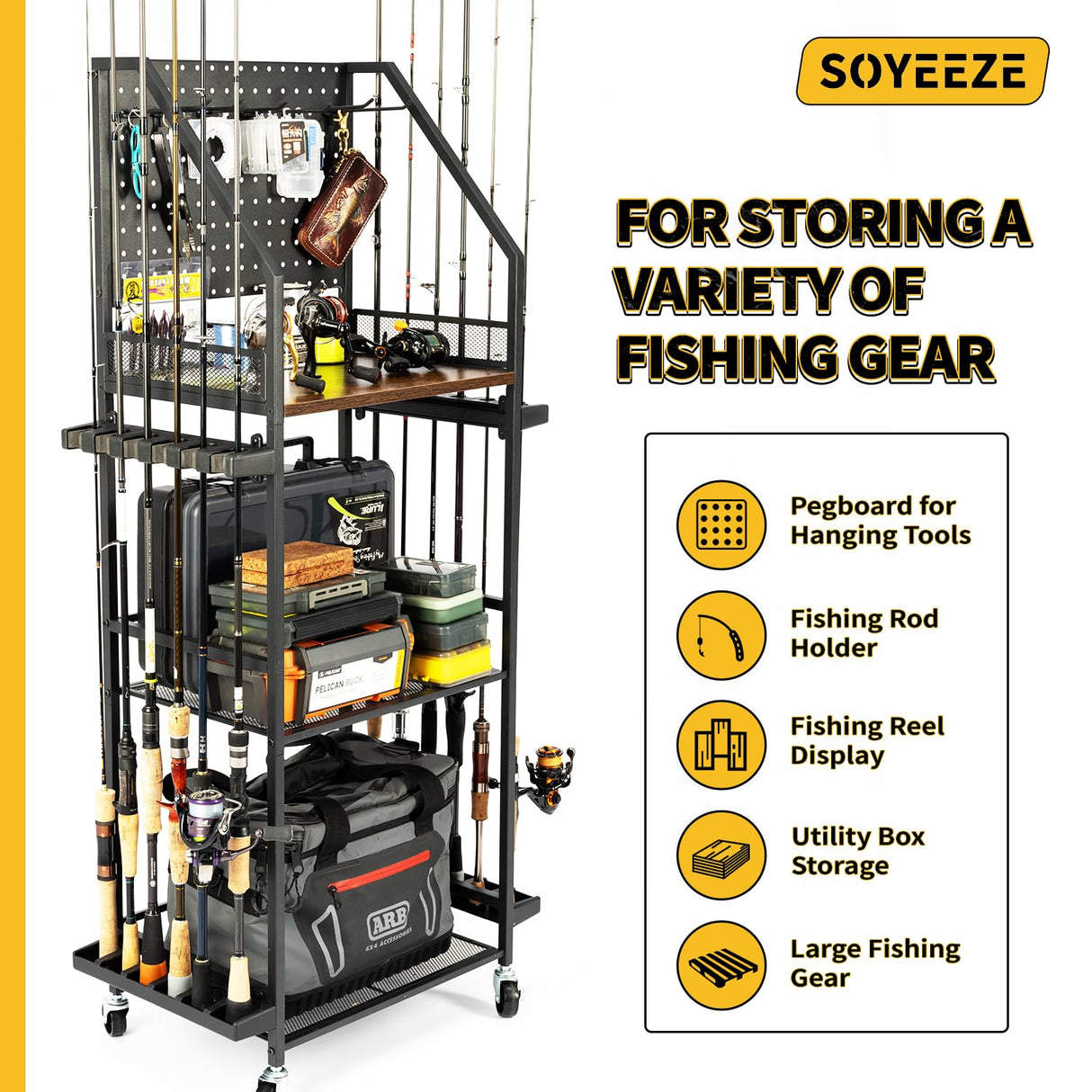 SOYEEZE Fishing Rod Holders for Garage with Pegboard and Lockable Wheels, 3-Tier Fishing Pole Rack with 10 Hooks, Fishing Gear Tackle Box Organizer Up to 12 Rods, Rolling Fishing Storage Cart SOYEEZE