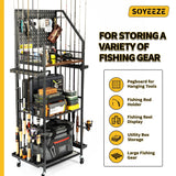 SOYEEZE Fishing Rod Holders for Garage with Pegboard and Lockable Wheels, 3-Tier Fishing Pole Rack with 10 Hooks, Fishing Gear Tackle Box Organizer Up to 12 Rods, Rolling Fishing Storage Cart SOYEEZE