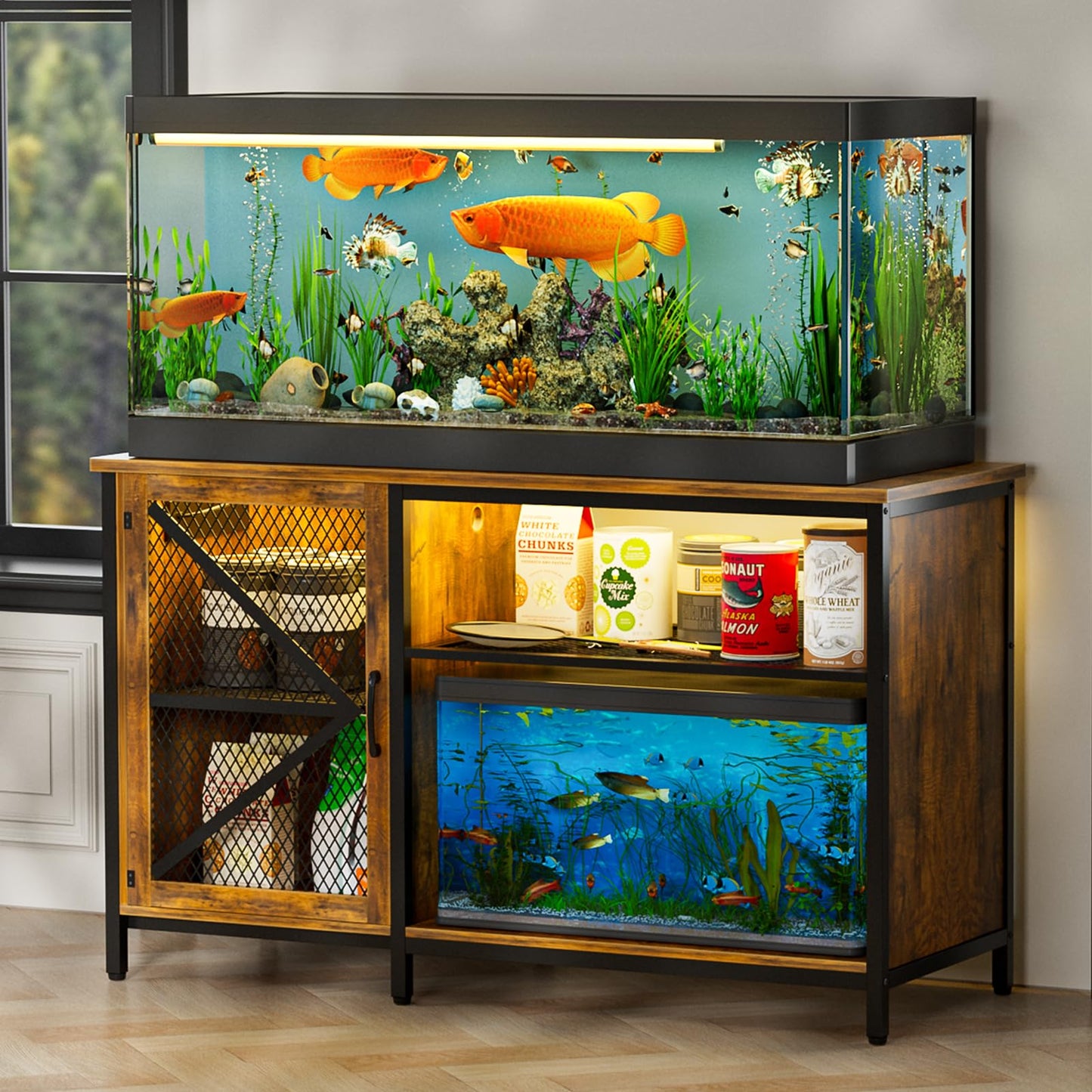 Oarlike 55-75 Gallon Fish Tank Stand with LED Light and Power Outlets, Heavy Duty Metal Aquarium Stand with Cabinet for Fish Tank Accessories Storage, Turtle/Reptile Tank Stand (Rustic Wood)