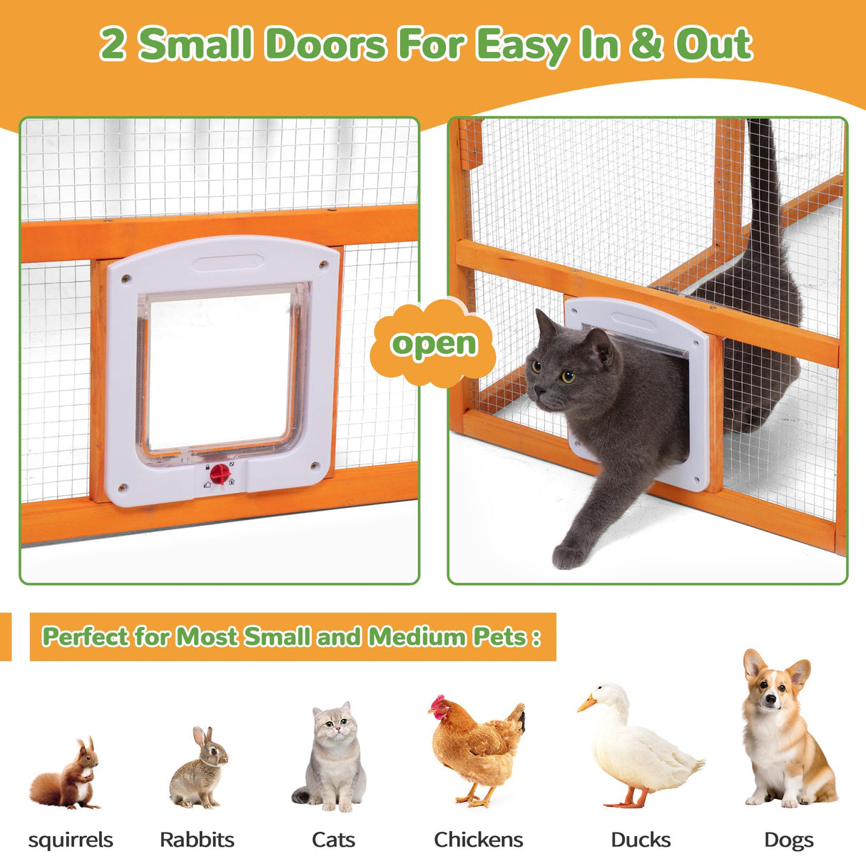 Extra Large Catio Outdoor Cat Enclosure, 53.5ft² Large Cat Run Wooden Cat House with Weatherproof Roof, Walk-in Doors with Lock, Window Access, 110" L x 71" W x 74" H, Orange Nyeekoy
