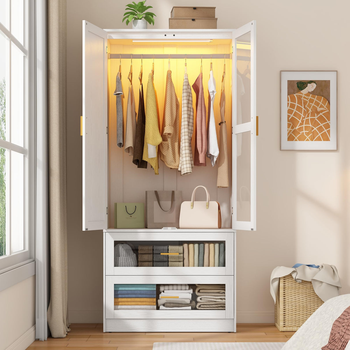 2 Doors Armoire Wardrobe Closet with LED and Mirror,71" H Freestanding Wooden Wardrobe Closet Cabinet for Bedroom w 2 Drawers,Wooden Clothing Storage Cabinet w Hanging Rod,Closets for Bedroom(White) chartustriable