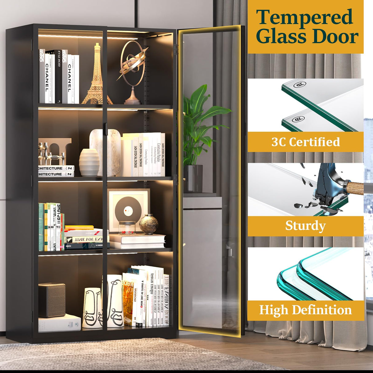 Eltean Display Cabinet with Glass Doors and LED Lights, Glass Display Case with 3 Adjustable Shelves,4 Tier of Storage Space Curio Cabinet for Bedroom Living Room Homeoffice Dining Room Eltean