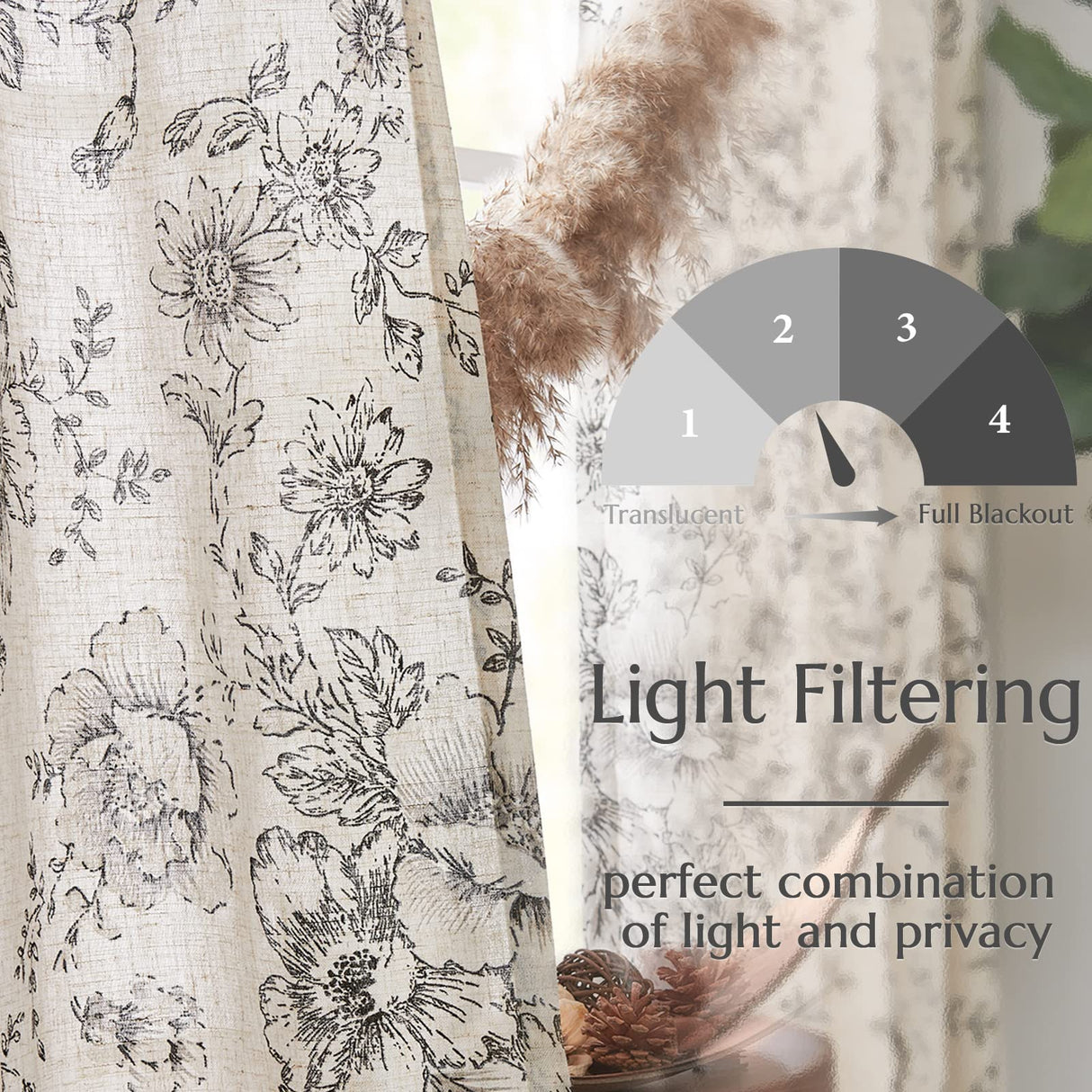 jinchan Linen Blend Curtains Floral Curtains for Living Room 108 Inch Length Black Printed Curtains Rod Pocket Back Tab Farmhouse Peony Flower Patterned Drapes Bedroom Window Curtain Set 2 Panels jinchan