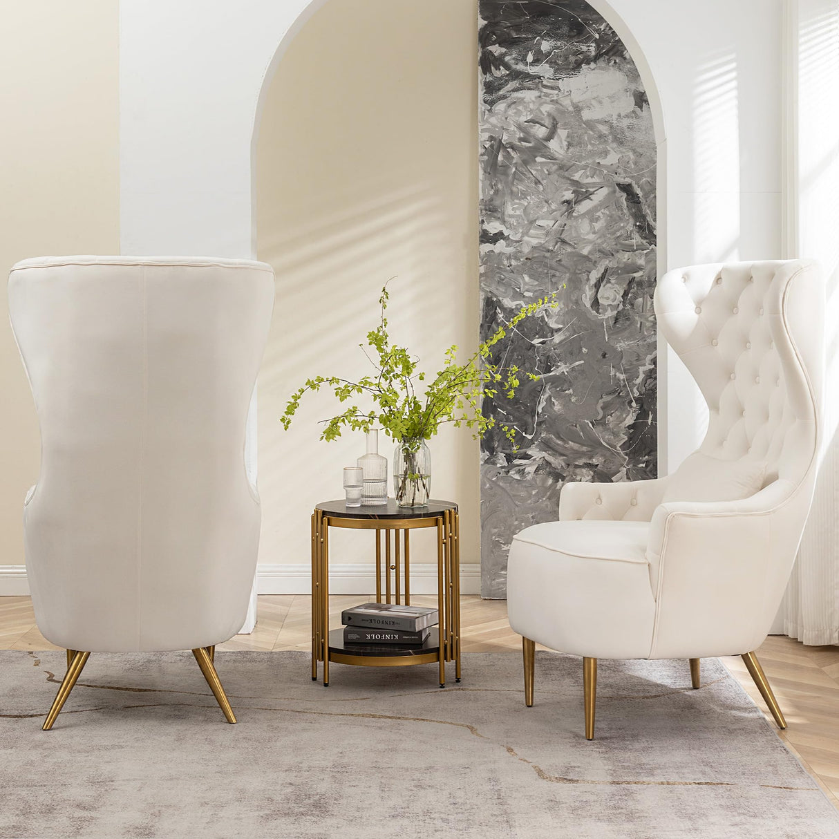 KINWELL 30" W Velvet Tufted High Wingback Chairs Set of 2, Mid Century Modern Accent Armchairs with Gold Metal Legs & Toss Pillow for Living Room Dining Bedroom Apartment, Cream KINWELL
