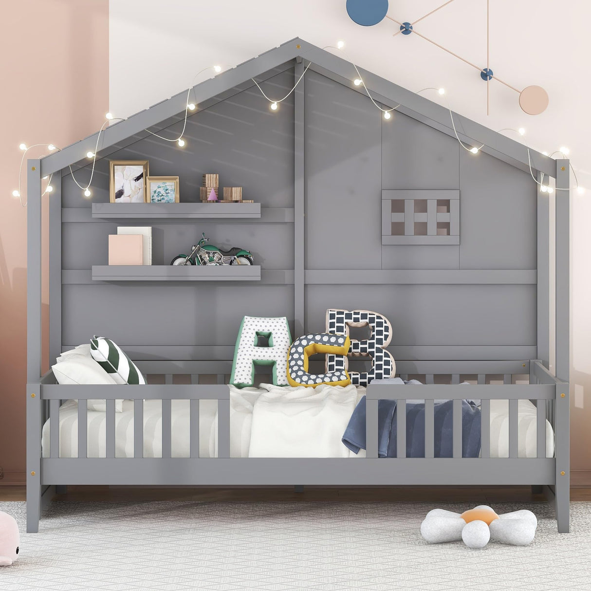 SOFTSEA Twin Size Low House Loft Bed with Shelves and Sparkling Light Stripe SOFTSEA