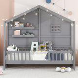 SOFTSEA Twin Size Low House Loft Bed with Shelves and Sparkling Light Stripe SOFTSEA