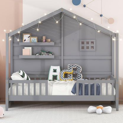 SOFTSEA Twin Size Low House Loft Bed with Shelves and Sparkling Light Stripe - WoodArtSupply