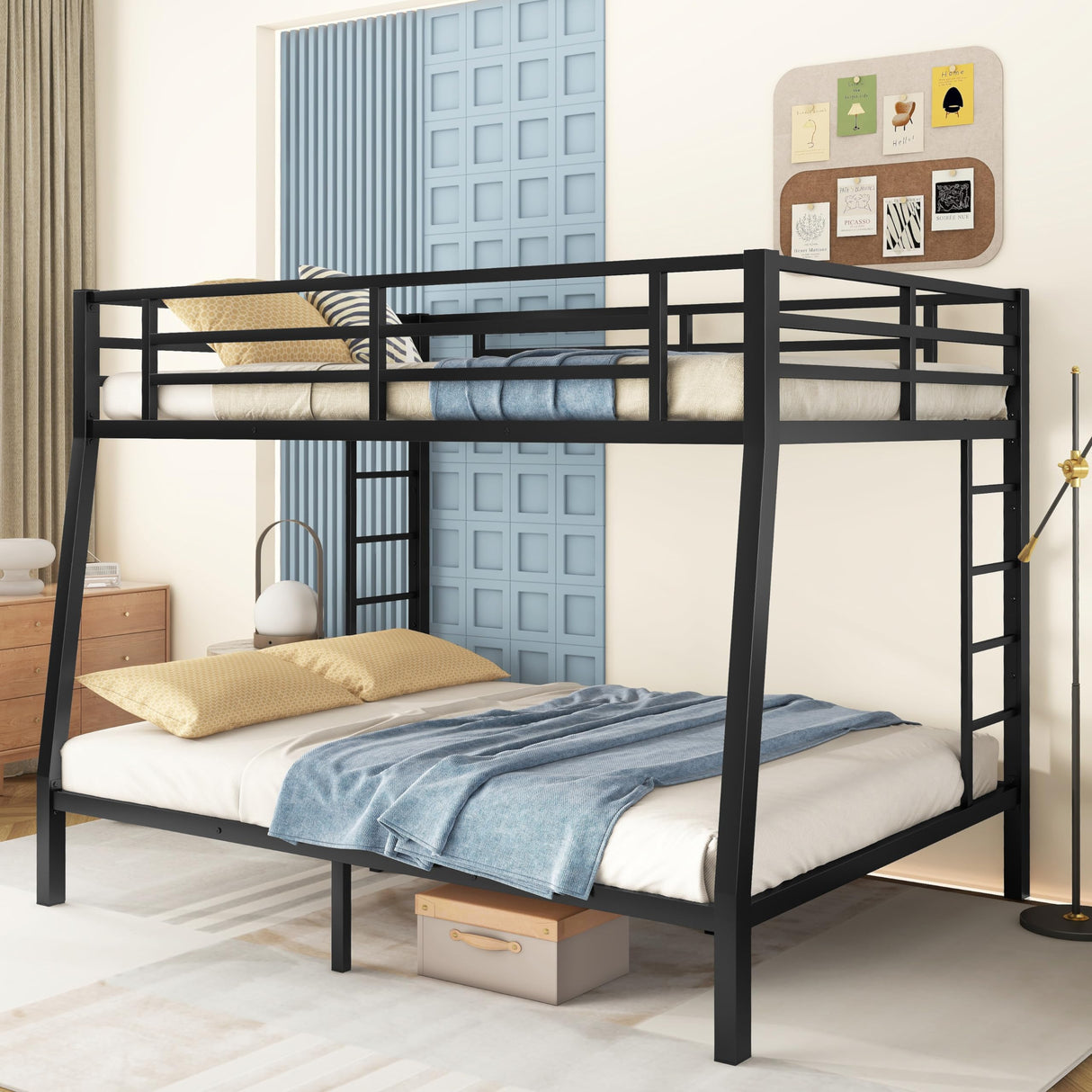 Bellemave Full XL Over Queen Metal Bunk Bed for Adults,Heavy-Duty Bunk Bed with 2 Ladders,Full Over Queen Bunk Beds,Space-Saving Bunk Bed for Kids/Teens/Adults,Noise-Free,Black Bellemave