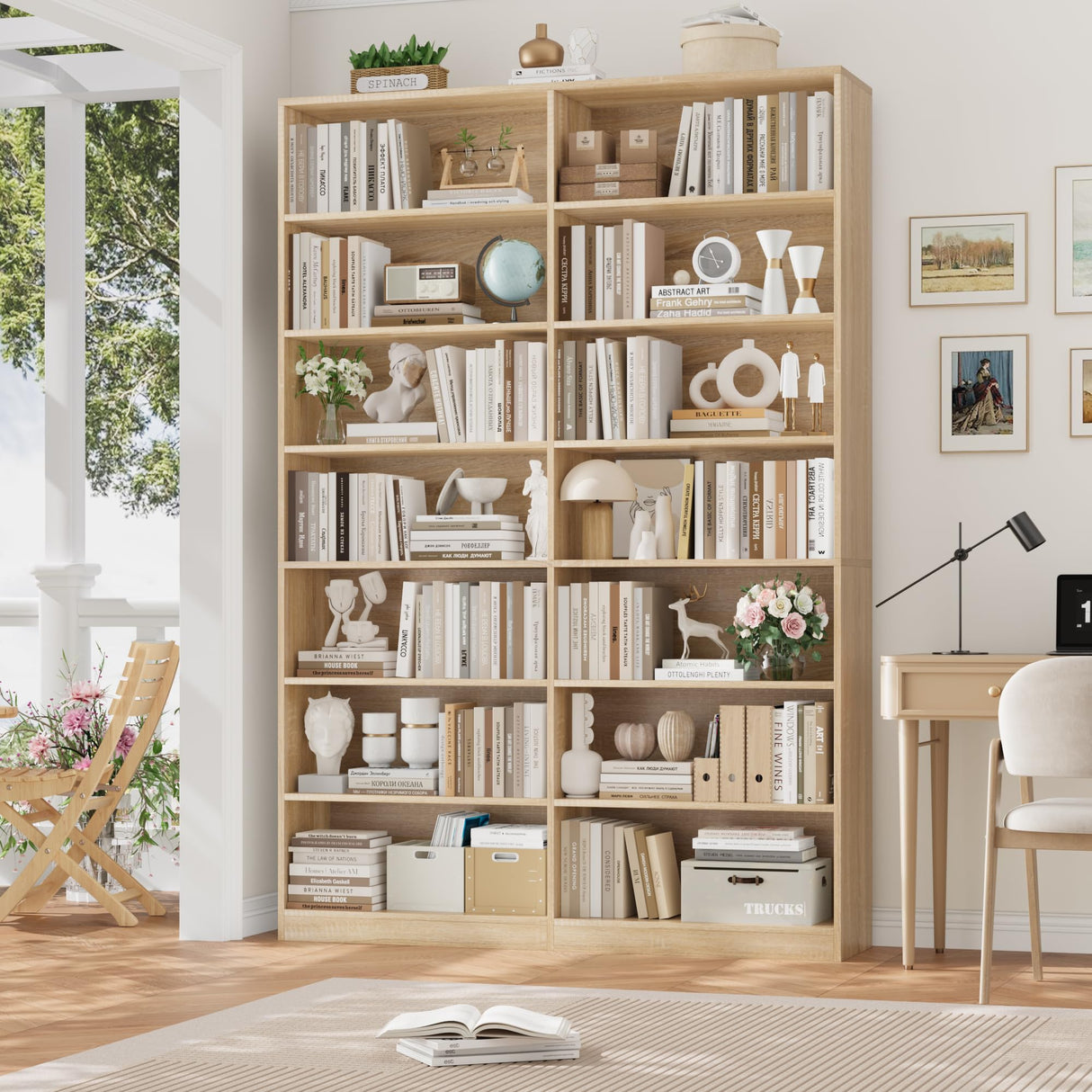 FACBOTALL 83.6" Tall Bookshelf and Bookcase, 7-Tier Extra Large Bookshelf with Double Storage, 14 Open Display Shelves for Home Office, Study and Living Room, Light Oak FACBOTALL