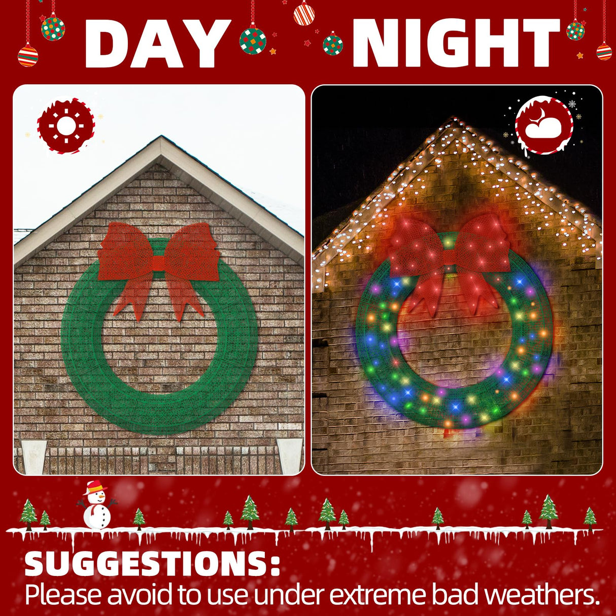 Poolergetic Outdoor 60 in Pre-lit Christmas Wreath, Large Green LED Christmas Wreath Decoration with Bow, Holiday Light Decor for Christmas for Yard, Garage, Door and Window Poolergetic