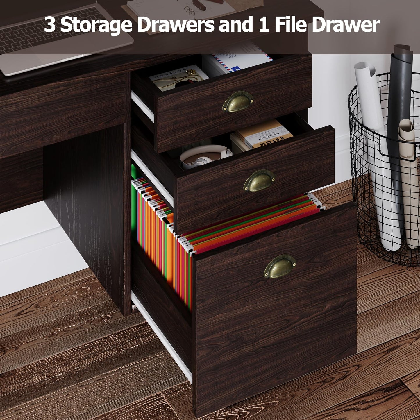 4 EVER WINNER Office Desk with File Drawer, 47 Inch Computer Desk with Drawers and Monitor Stand, Writing Desk for Bedroom, Study Table for Small Spaces, Coffee