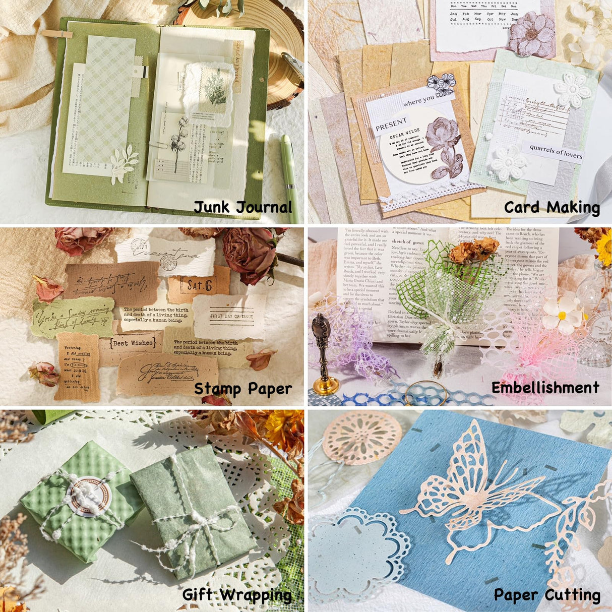 96 Sheets Textured Scrapbook Paper and Mesh Fabric Assorted Set - 6 Pack Mixed Special Paper for Scrapbooking Planner Bullet Junk Journal Supplies Mixed Media Collage Card Embellishments 3.9x5.5 Inch ARTSMONA