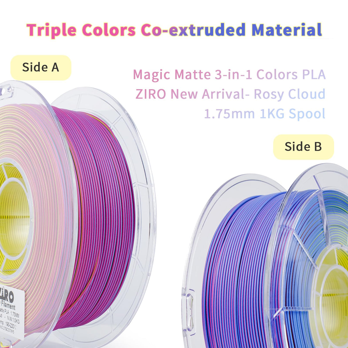 ZIRO PLA Filament Matte, Multicolors 3D Printer Filament, Tri-Colors 3-in-1 Chrome Coextrusion, Magic Visual Effect PLA, Fit Most FDM 3D Printers,1KG/2.2lb Spool, Rosy Cloud (Matte) ZIRO