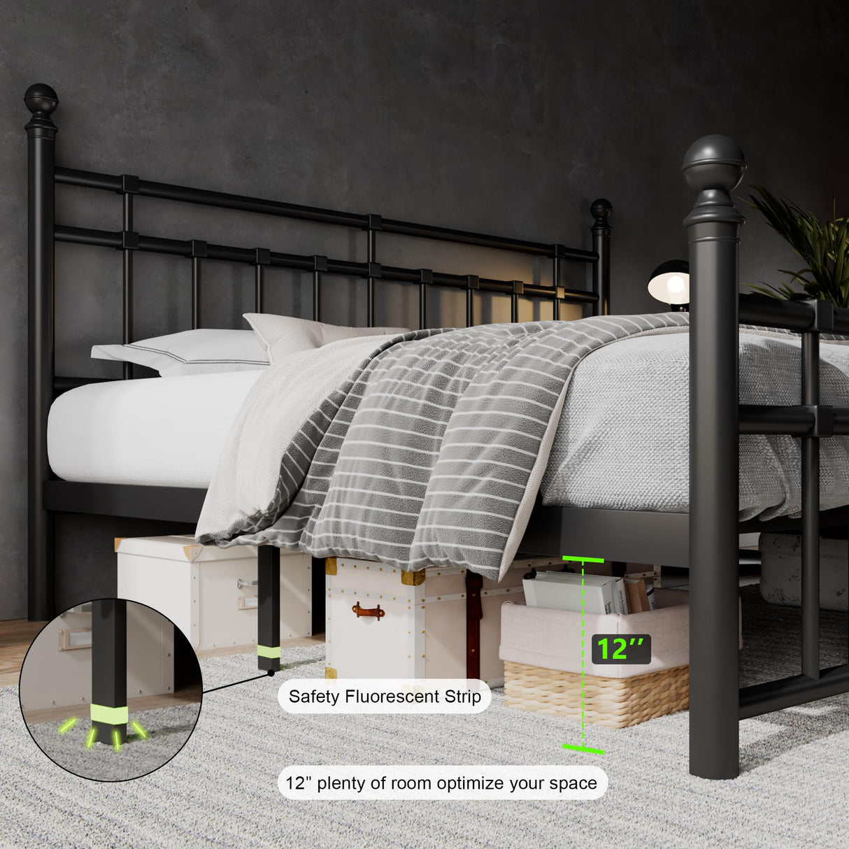 Feonase King Size Metal Platform Bed Frame with Victorian Classic Iron-Art Headboard & Footboard, Steel Slats Support, 12" Under Bed Storage, No Box Spring Needed, Easy Assembly, Noise-Free, Black Feonase