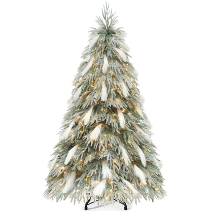 YITAHOME Pre-Lit Flocked Natural Drooping Pampas Christmas Tree, 9ft Snow Flocked Artificial Christmas Tree with 959 PE Branch Tips, 54 Feathers and 900 Lights for Home, Office, Party Decoration