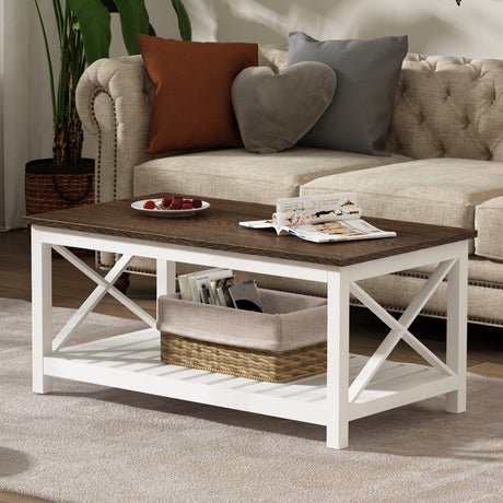 ChooChoo Coffee Table, Rustic Farmhouse Table with Shelf for Living Room, Vintage Finish White ChooChoo
