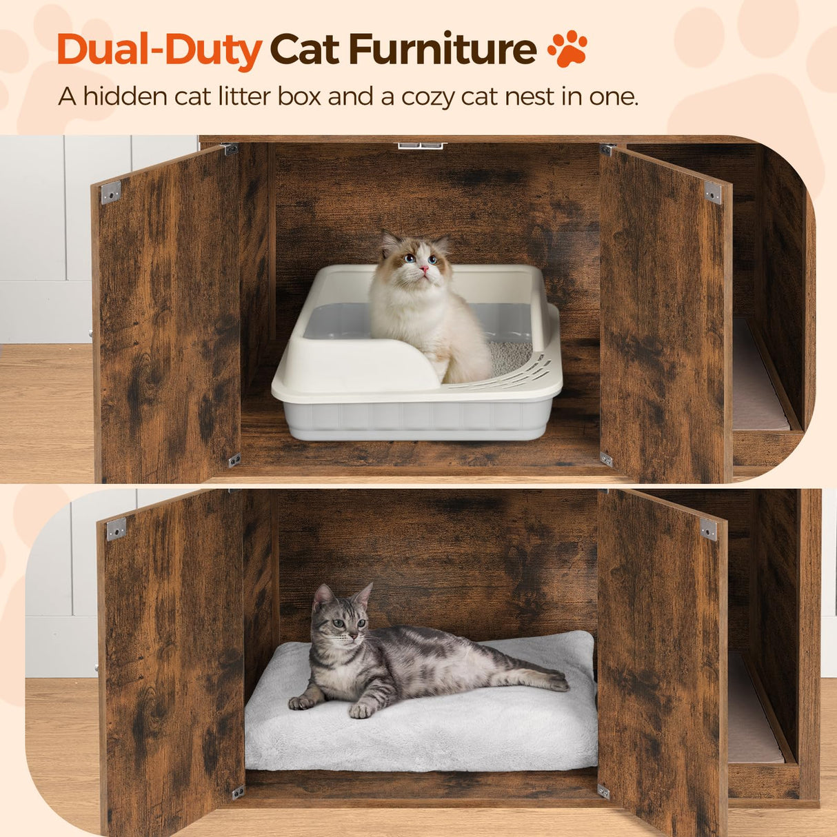 MAHANCRIS Cat Tree with Litter Box Enclosure, Hidden Cats Litter Box Furniture with Condo and Plush Ball, Wooden Cats Washroom Furniture with Platform, Indoor Cat House, Rustic Brown CWHR1501 MAHANCRIS