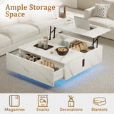 Square Lift Top Coffee Table, 31.5" Wooden Coffee Table with 2 Drawers & Hidden Storage, LED Lights & Charging Station, Mid Century Modern Center Table for Living Room Home Office (White) YKVIQBY
