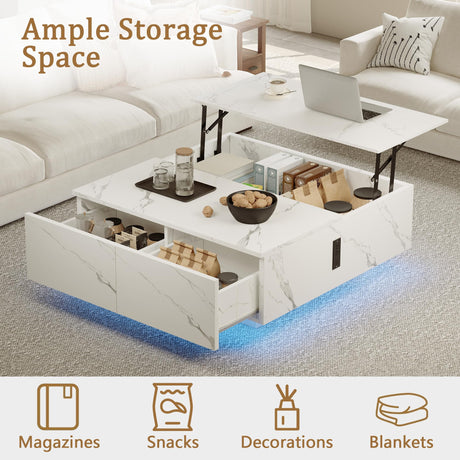 Square Lift Top Coffee Table, 31.5" Wooden Coffee Table with 2 Drawers & Hidden Storage, LED Lights & Charging Station, Mid Century Modern Center Table for Living Room Home Office (White) YKVIQBY