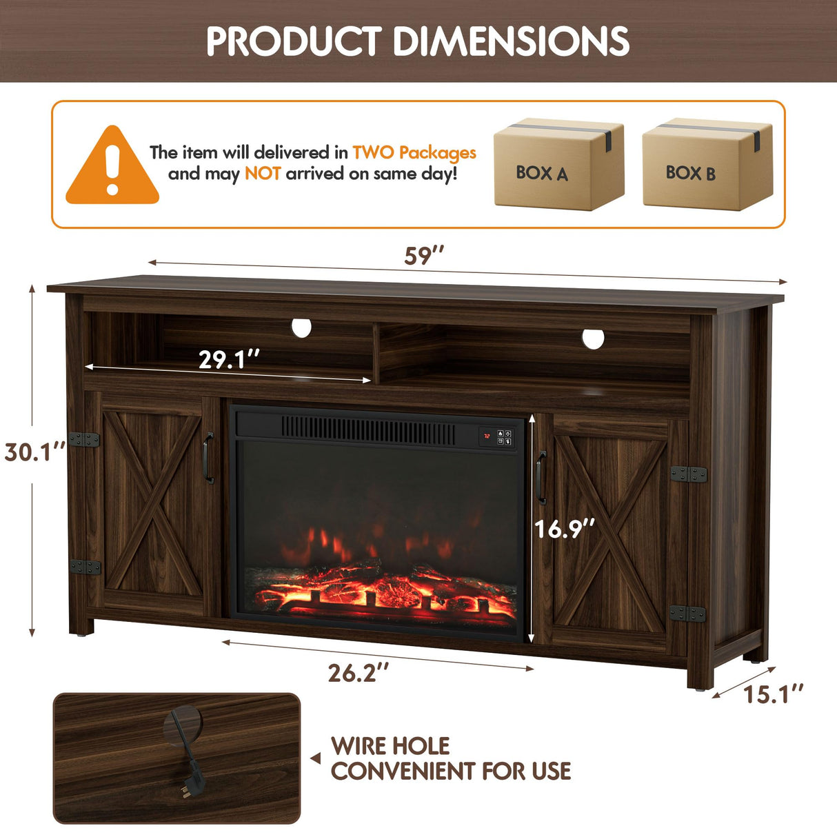 YESHOMY Fireplace TV Stand for Television up to 65+ Inch with Storage and Farmhouse Barn Doors, Entertainment Center with Cabinet and Shelves, Media Console for Living Room, Walnut YESHOMY