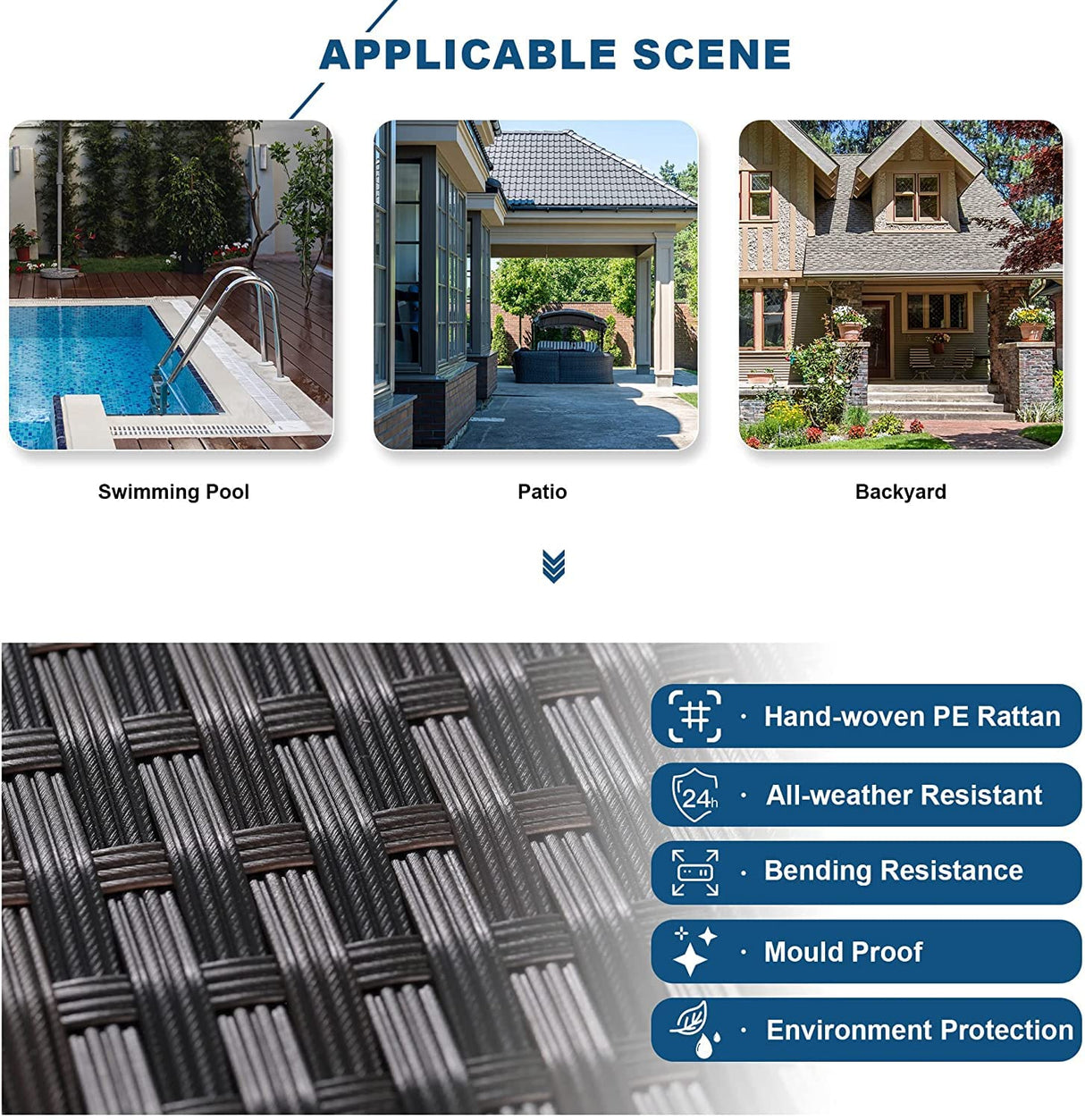 Kullavik Outdoor Patio Furniture Set 12 Pieces Sectional Rattan Sofa Set Brown PE Rattan Wicker Patio Conversation Set with 10 Navy Blue Seat Cushions and 2 Tempered Glass Table Kullavik