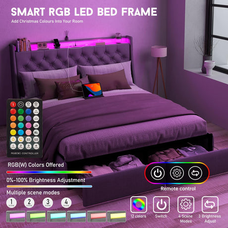 UINTAI Full Size Bed Frame with 2 Storage Drawers and LED Lights, Upholstered Platform Full Bed with Button Tufted Headboard and Charging Station, No Box Spring Needed, Easy Assembly, Gray UINTAI