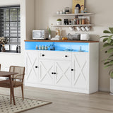 FJTJBSI 55" Buffet Cabinet with Power Outlets and Lights Large Kitchen Sideboard Buffet with Drawers Farmhouse Kitchen Storage Cabinet with Adjustable Shelves Coffee Bar Station for Coffee Bar Room FJTJBSI