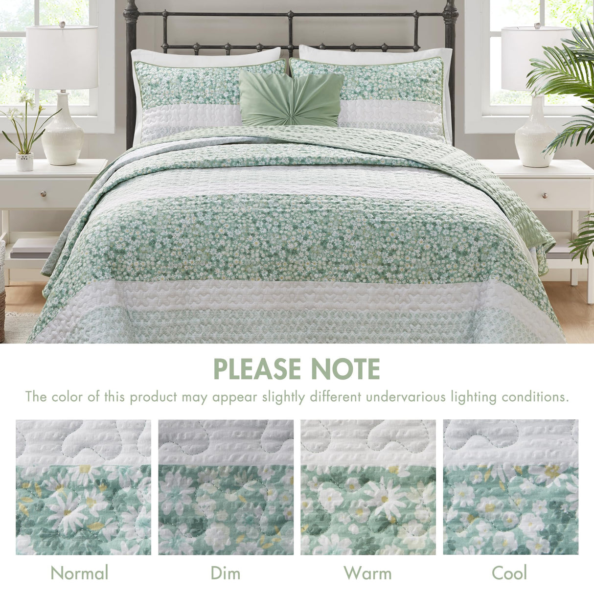 Madison Park Quilt Set, Seersucker Floral Coverlet for King Size Bed, All Season Lightweight Bedding, Farmhouse Quilt Set, Vermicelli Quilting, Throw Pillow, Caralie, King/Cal King Green 4 Piece Madison Park