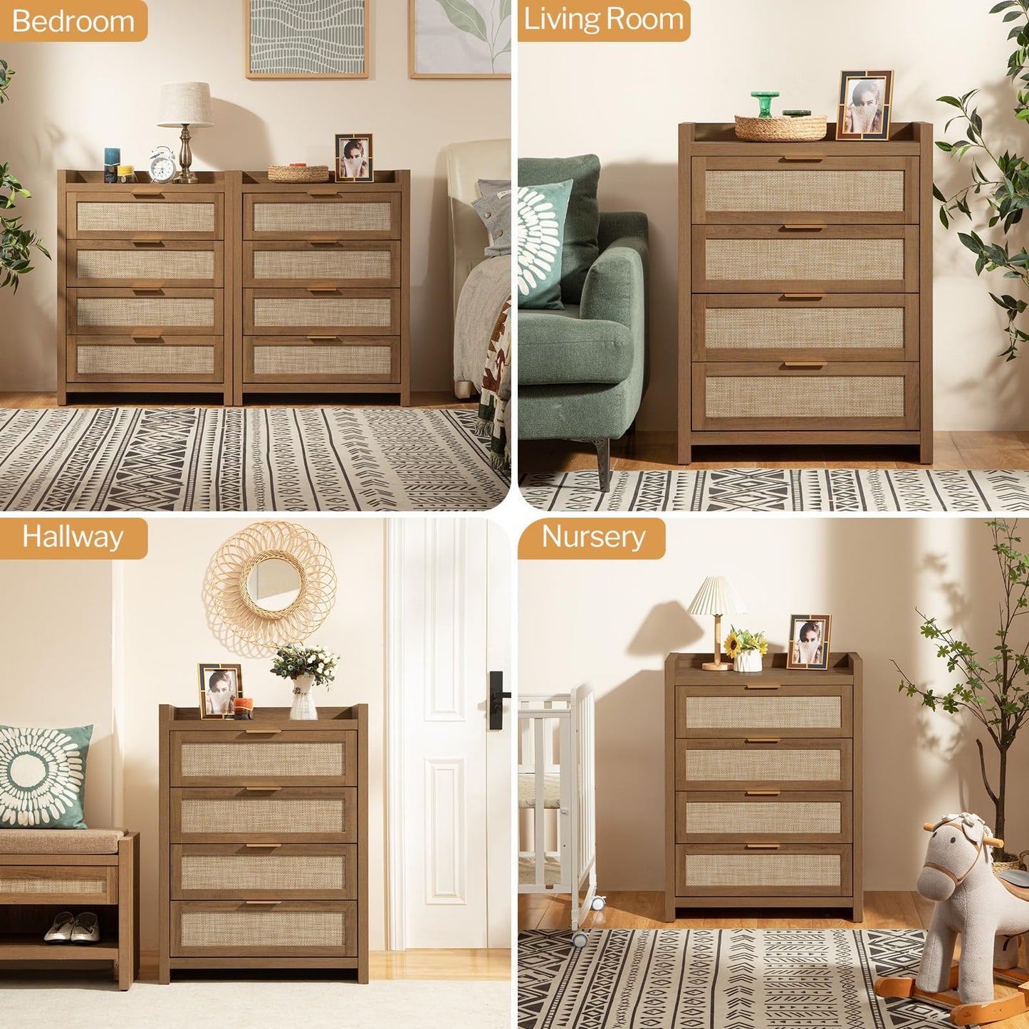 SICOTAS Dresser for Bedroom Chest of Drawers Tall Dresser with 4 Rattan Drawers Wood Dresser for Closet Boho Clothes Storage Tower Large Nightstand Sets for Living Room Hallway Nursery Entryw - WoodArtSupply