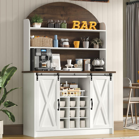 4 EVER WINNER Farmhouse Coffee Bar with 3-Tier Storage, 67” Tall Coffee Bar Cabinet with Sliding Barn Doors, White Buffet Cabinet with Hutch & 9 Wine Racks, White 4 EVER WINNER