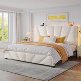 EnHomee King Size Bed Frame, Velvet Bed Frame with Headboard and Led Light, Platform Bed Frame for Bedroom Apartment, Dorm, Noise-Free, Easy Assembly, Beige EnHomee