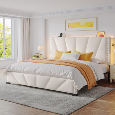 EnHomee King Size Bed Frame, Velvet Bed Frame with Headboard and Led Light, Platform Bed Frame for Bedroom Apartment, Dorm, Noise-Free, Easy Assembly, Beige EnHomee