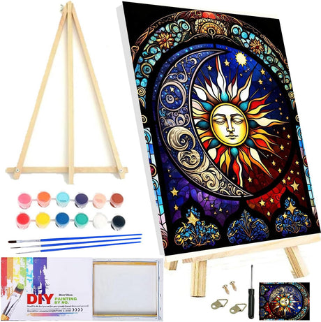 Paint by Numbers Kit for Adults,Stained Glass Paint by Numbers Kit for Beginner Sun Moon Paint by Numbers Kits for Home Table and Gift for Wall Decor 12x16 inch Framed and Easel Meothan