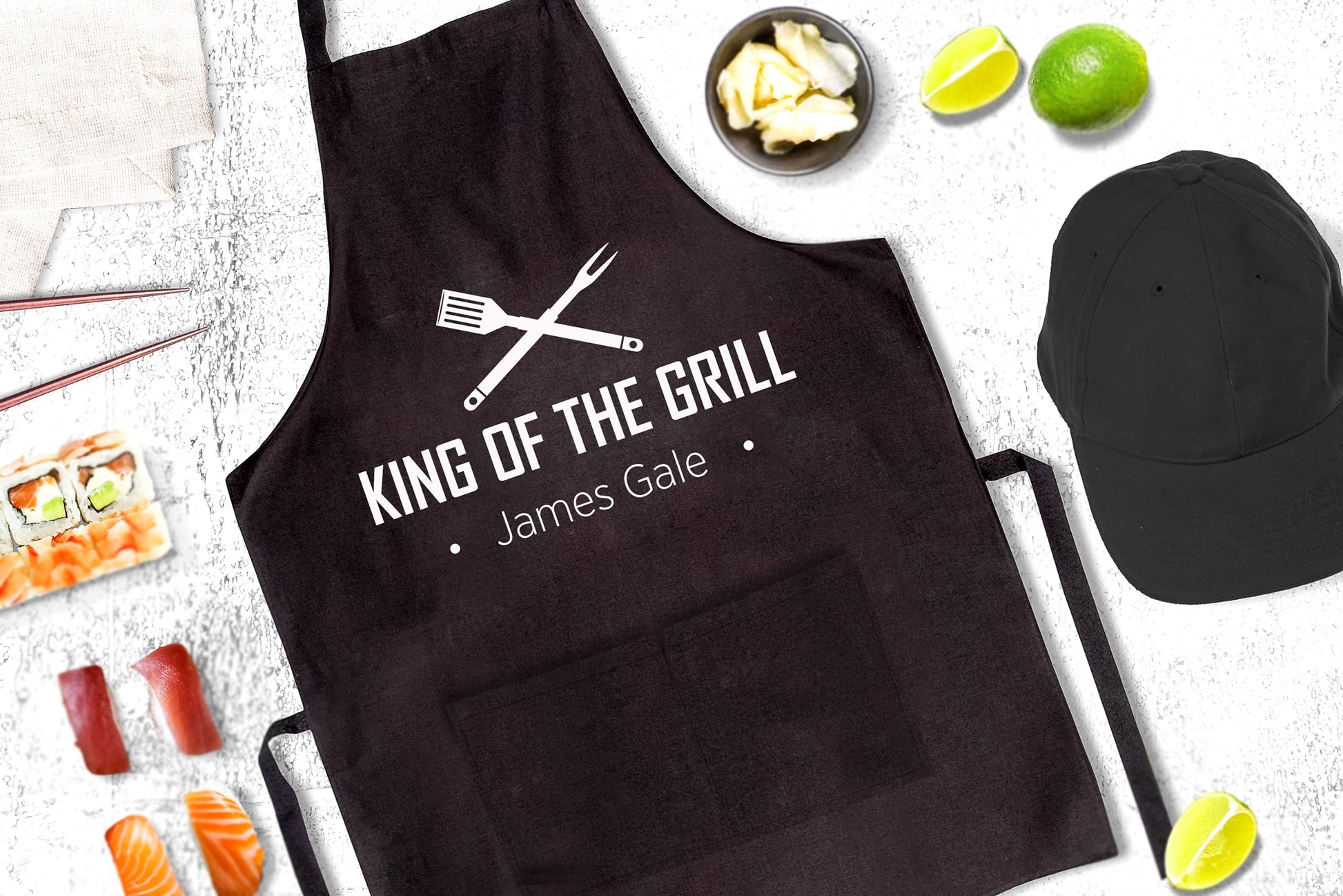 King of the Grill, Cutting Board, Personalized Cutting Boards for Men and Dad, Fathers Day, Dad's Birthday, Christmas Gift, Custom Cooking Gift, BBQ Gifts, Kitchen Gift, With Apron and Displa - WoodArtSupply