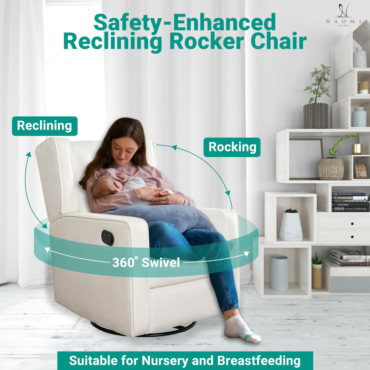 Naomi Home Odelia Swivel Rocker Recliner Glider, Bright White - Ergonomic Nursing Chair with Footrest for Soothing Comfort in Compact Spaces Naomi Home