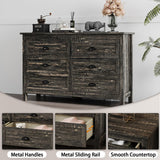 Modern Farmhouse Wood Dresser for Bedroom, Rustic 6 Drawer Dresser with Vintage Black Antique Handle, Double Dresser and Chest of Drawers for Hallway, Rustic Brown Oak HOUROM