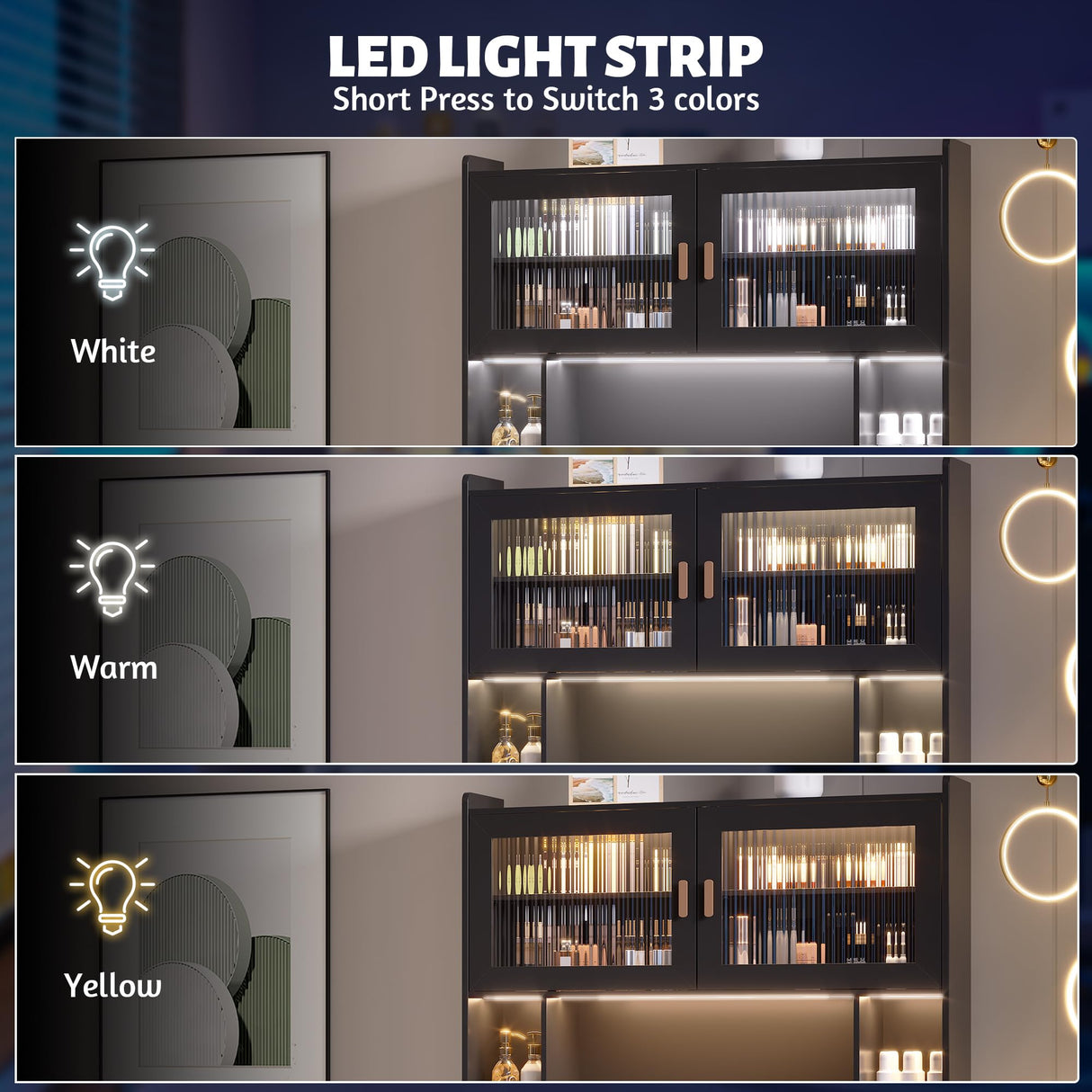 Vlsrka LED Computer Desk with Hutch, 40 Inch Modern Gaming Desk with Power Outlet, Wooden Home Office Desk with Storage Drawers & Shelves (Black) Vlsrka