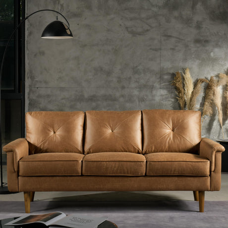 ovios Luxury 3 Seater Sofa with Faux Leather,Mid-Century Modern Couch with Comfortable Armrest,Comfy Couches with Deep Seat,Small Sofas for Living Room Bedroom (Light Brown) ovios