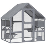 PawHut Large Catio Outdoor Cat Enclosure for Multiple Kittens, Wooden Cat House with Waterproof Cover, Walk in Kitty Cage Kennel with 2 Condos, 4 Platforms, Bridge, Doors, 73" x 55" x 74", Gray PawHut