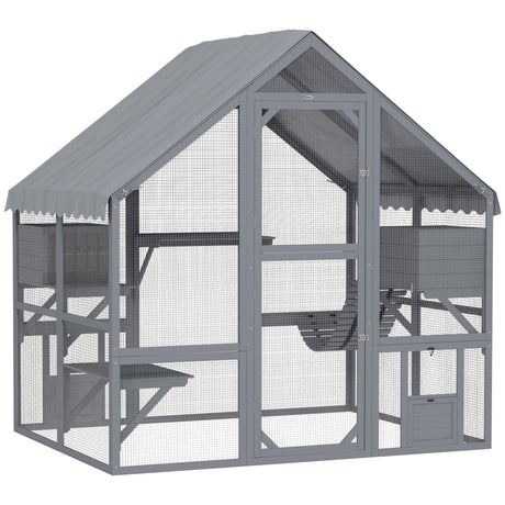 PawHut Large Catio Outdoor Cat Enclosure for Multiple Kittens, Wooden Cat House with Waterproof Cover, Walk in Kitty Cage Kennel with 2 Condos, 4 Platforms, Bridge, Doors, 73" x 55" x 74", Gray PawHut