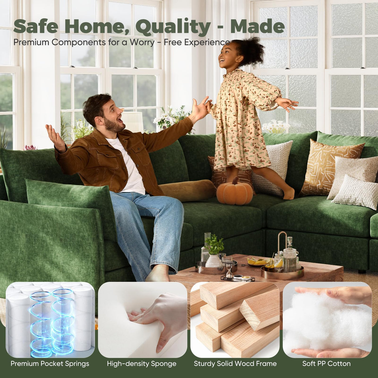 ABCASA 102.6" Modular Sectional Sofa, Oversized 3-Seater Green Couch with Removable Chenille Fabric Cover, Deep Seat & High Backrest for Living Room, Office & Apartment ABCASA